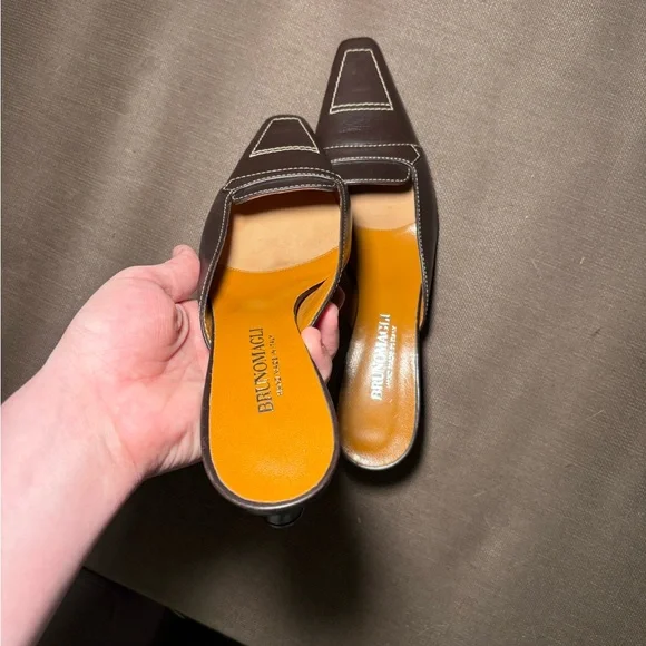 Bruno Magli Dark Brown Leather Square-Toe Slip-On Mules - Picture 2 of 7